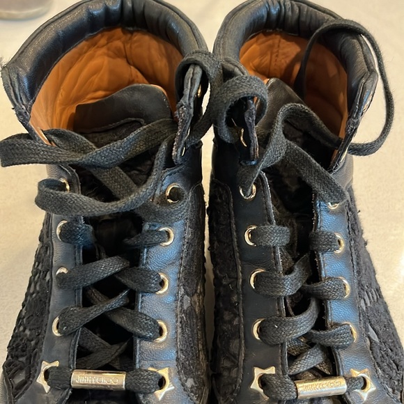 Authentic Jimmy Choo Black Lace and Leather Tokyo High Top Sneakers - Picture 4 of 11